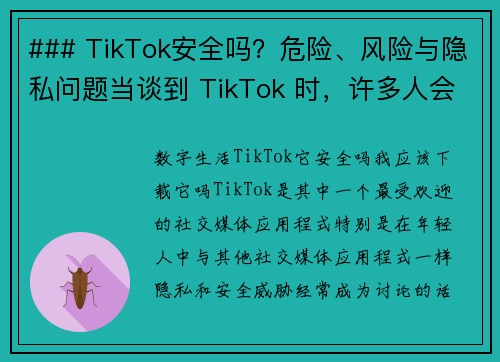 ### TikTok安全吗？危险、风险与隐私问题当谈到 TikTok 时，许多人会问这个问题：它